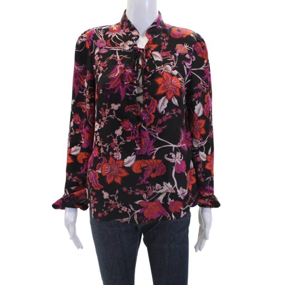 Romeo + Juliet Couture Womens Floral Print Lace Up Blouse Black Size Small